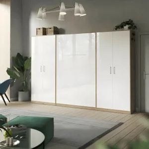 Lit escamotable +2 Placards Vertical 120x200+(80x2)cm Lit Rabattable Lit Mural Conventionnel Chêne Sauvage/blanc brillant