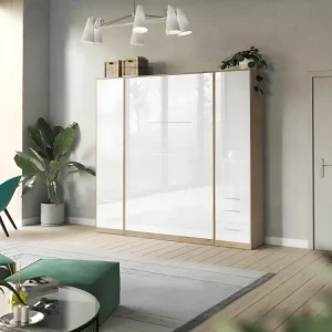 Lit escamotable +2 Placards Vertical 140x200+(50x2)cm Lit Rabattable Lit Mural Classique Chêne Sauvage/blanc brillant
