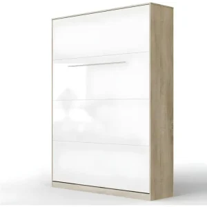 Lit escamotable +2 Placards Vertical 140x200+(50x2)cm Miroir Lit Supérieur Sonoma/Blanc brillant