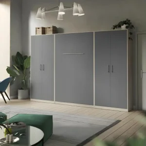 Lit escamotable +2 Placards Vertical 140x200+(80x2)cm Lit Rabattable Lit Mural Habituel Chêne Sonoma/Anthracite