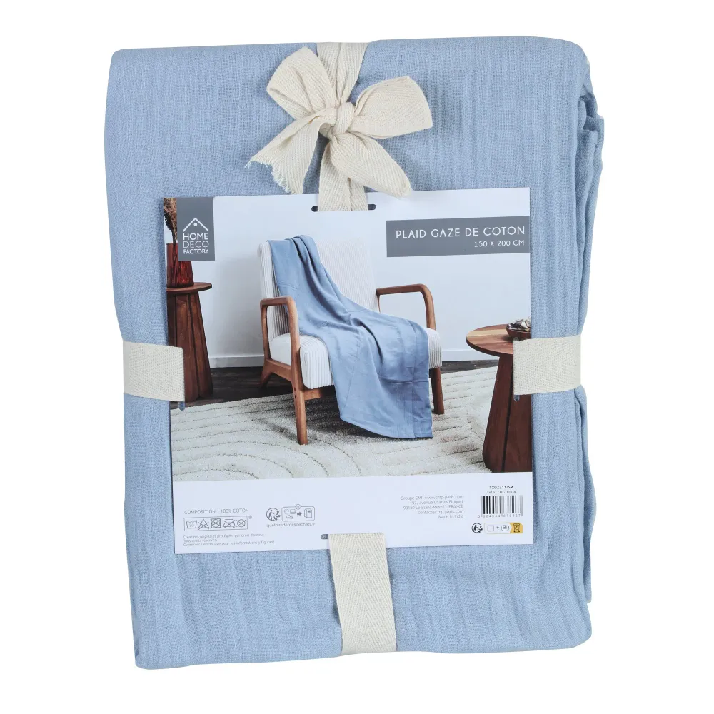 Plaid effet gaze de coton uni - Bleu Stokomani