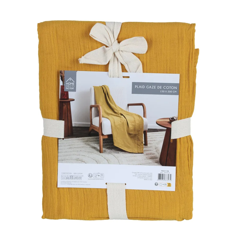 Plaid effet gaze de coton uni - Jaune Stokomani