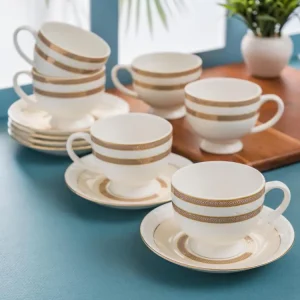 Clay Craft Fine Ceramic Gold Impression Cup & Saucer Set - 6 Cups + 6 Saucers -180 ml Each - Snow Impression 1404 Velan Store