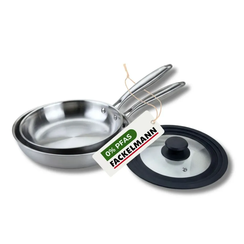 2 poêles 24 cm et 28 cm inox 18/10 Triply et couvercle Fackelmann Vita3