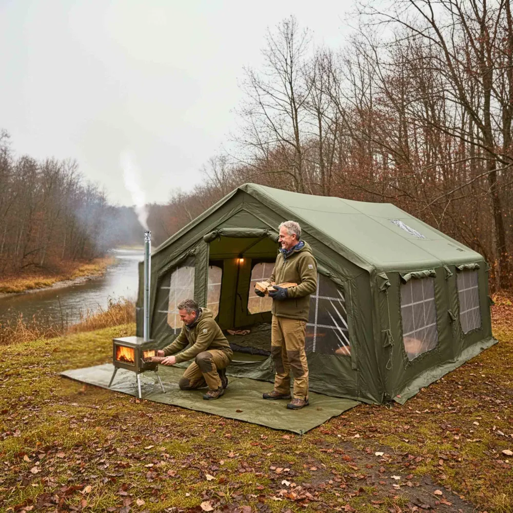 Coody Familia AirTent 17.2 Vert êt (2-10 Personnes)+ Poêle à Bois RBM Caminus M