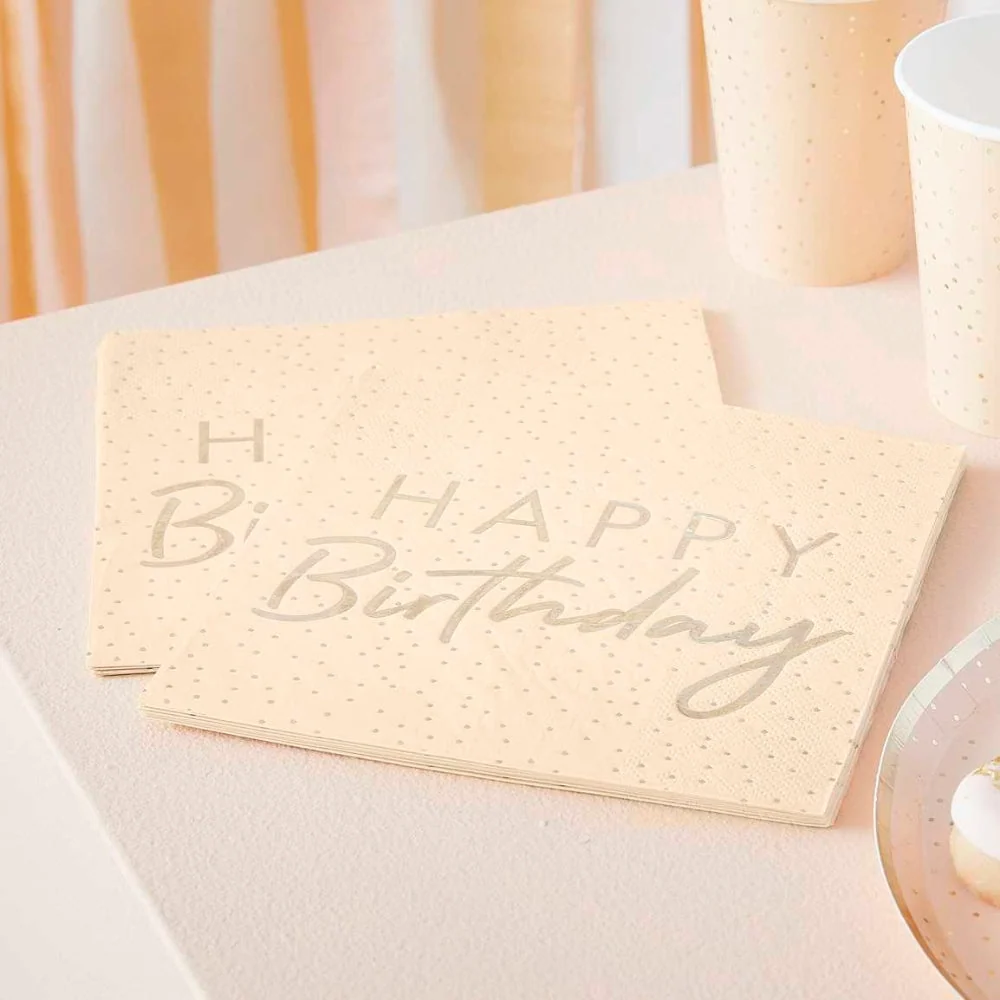 Gingerray Serviettes de table en papier Happy Birthday pêche et or