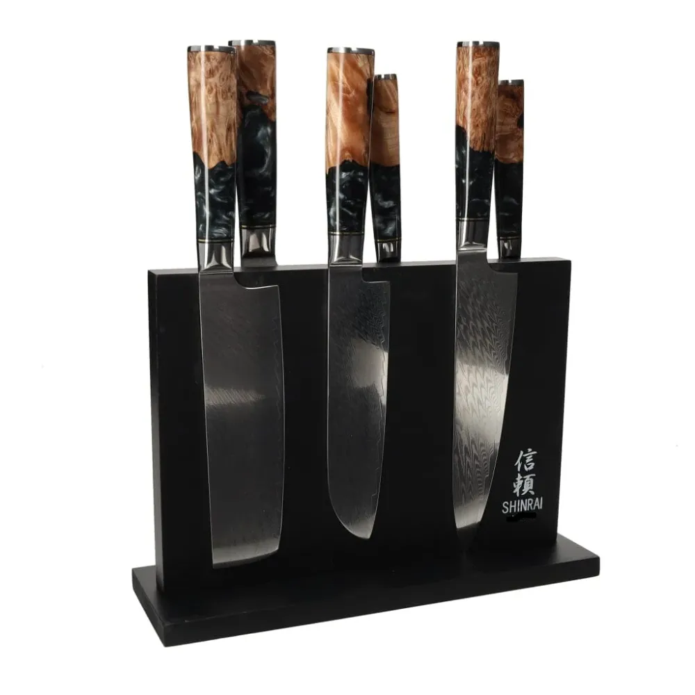 Shinrai Japan - Ensemble de couteaux Damas 6 pièces Epoxy Onyx + bloc de couteaux magnétique double face - Noir