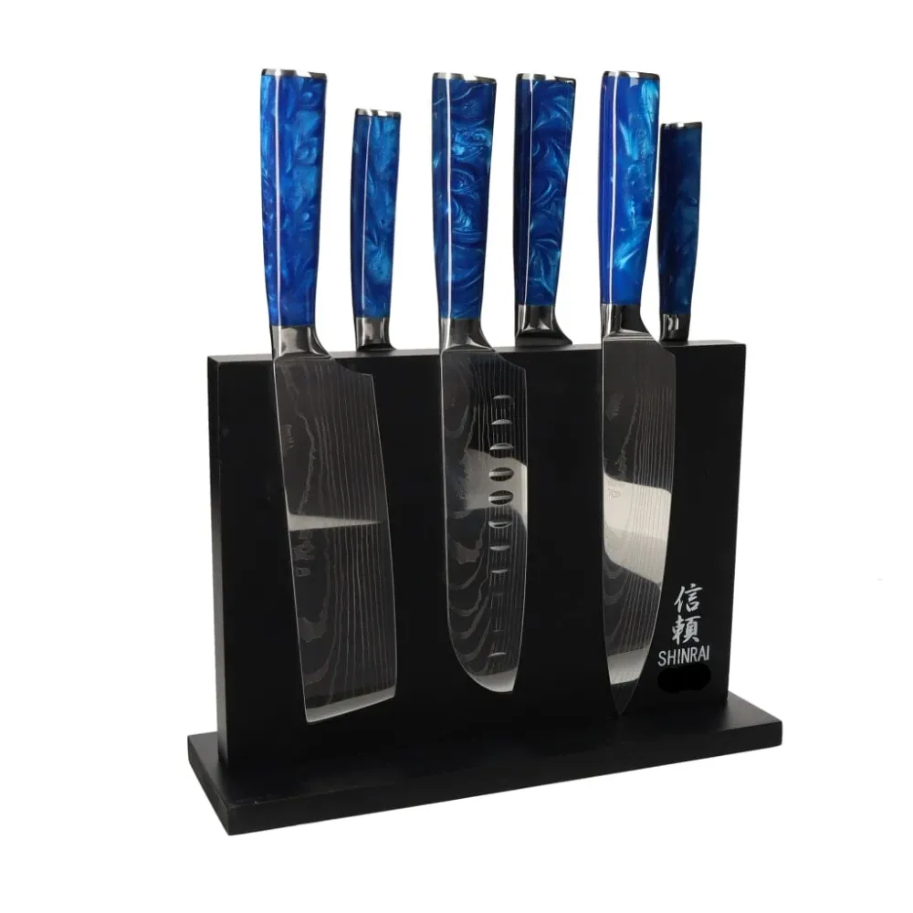 Shinrai Japan - Ensemble de couteaux 6 pièces en époxy saphir damas + bloc de couteaux magnétique double face - Noir