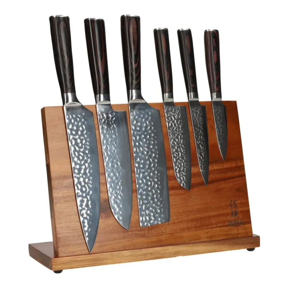 Coffret 6 couteaux inox martelé + support Acacia simple face Shinrai Knives
