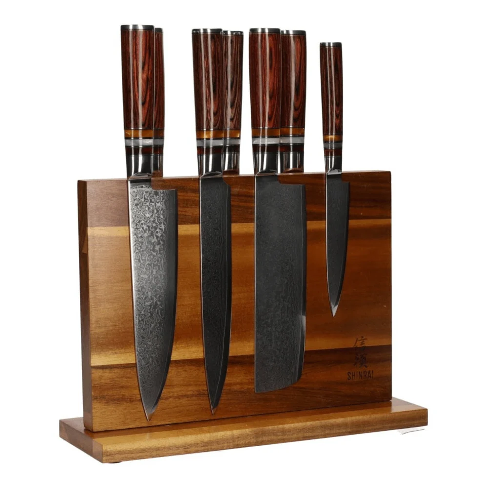 Micarta Jewels Ensemble de couteaux Damas 7 pièces + support en acacia double face Shinrai Knives