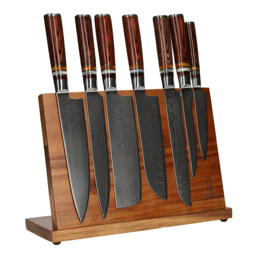 Micarta Jewels Ensemble de couteaux Damas 7 pièces + support en acacia simple face Shinrai Knives