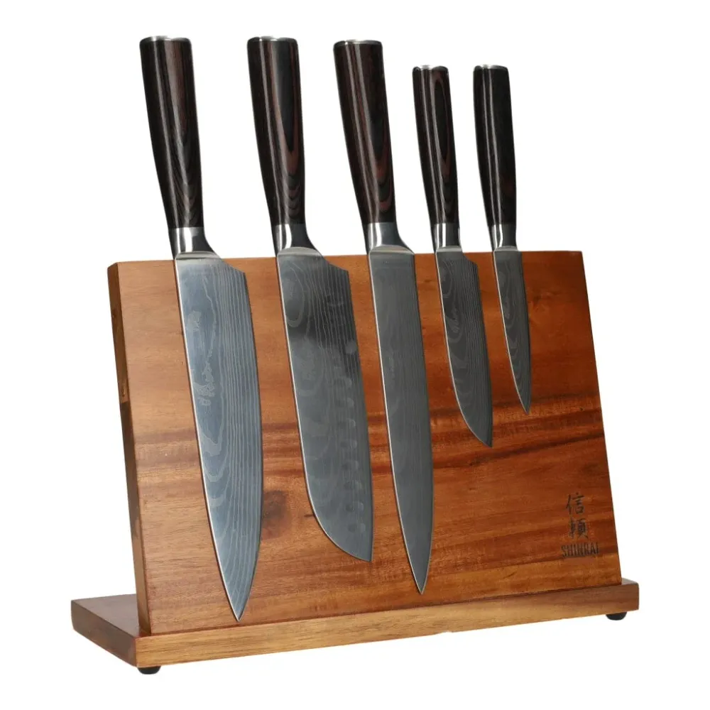 Set de couteaux imprimé Damas 5 pièces + Support Acacia Simple face Shinrai Knives