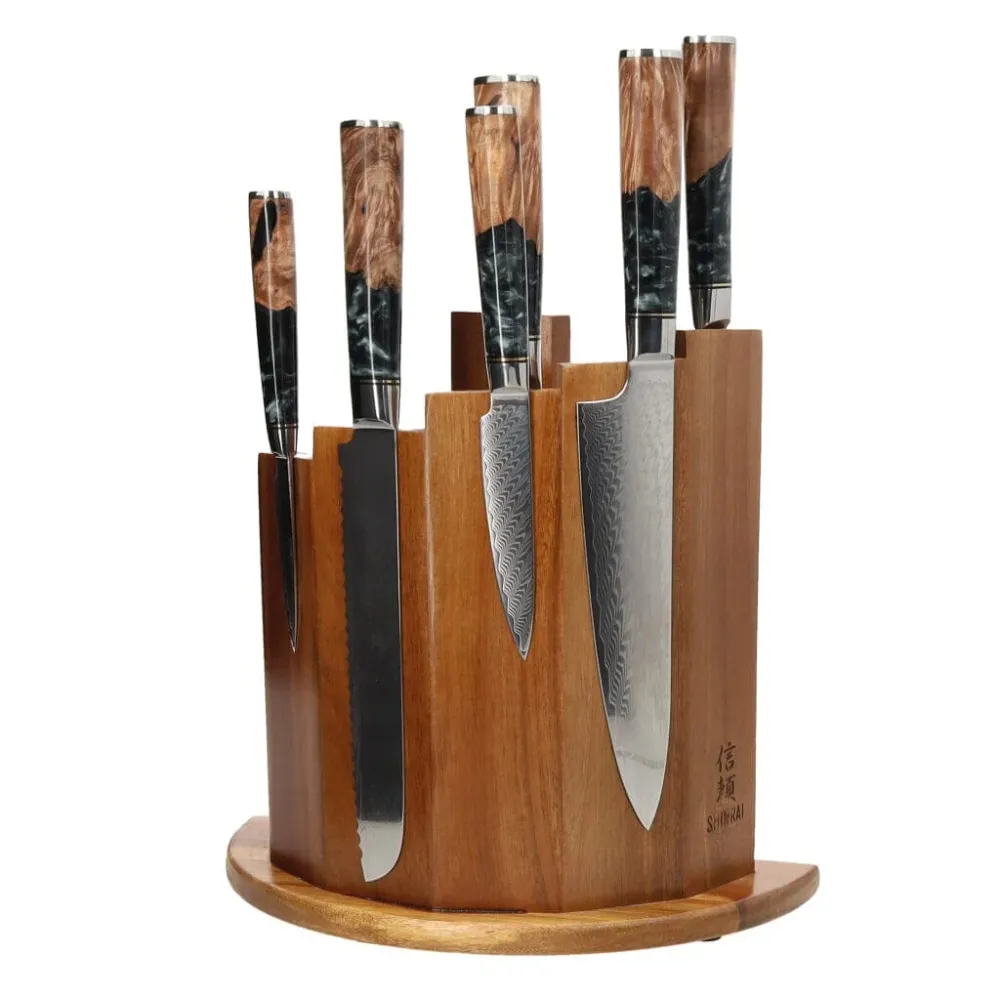 Shinrai Japan - Ensemble de couteaux Damas 6 pièces Epoxy Onyx + bloc de couteaux magnétique Scalae - Bois d'acacia Shinra...