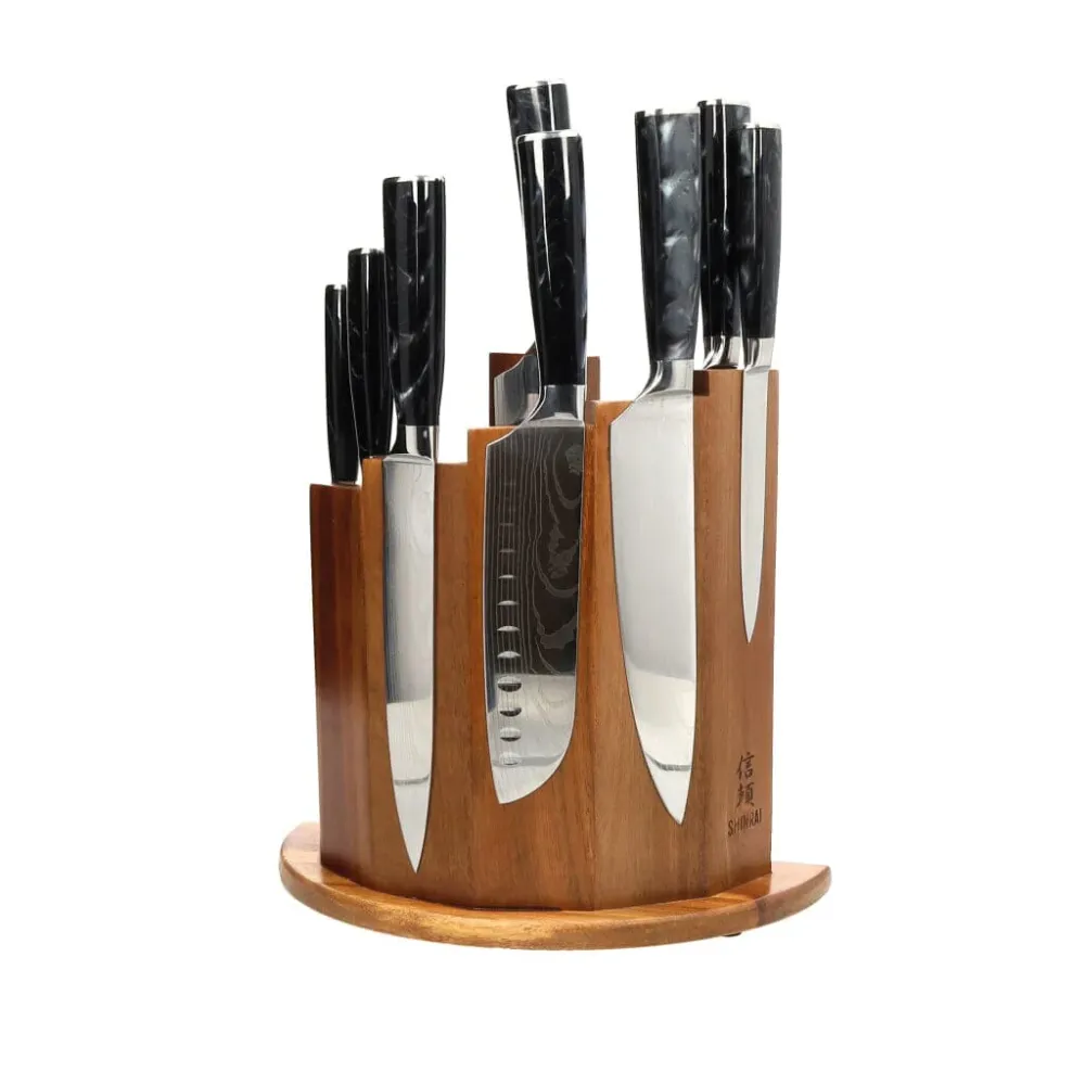 Shinrai Japan - Ensemble de couteaux 9 pièces en époxy Onyx imprimé Damas + bloc de couteaux magnétique Scalae - Bois d'ac...