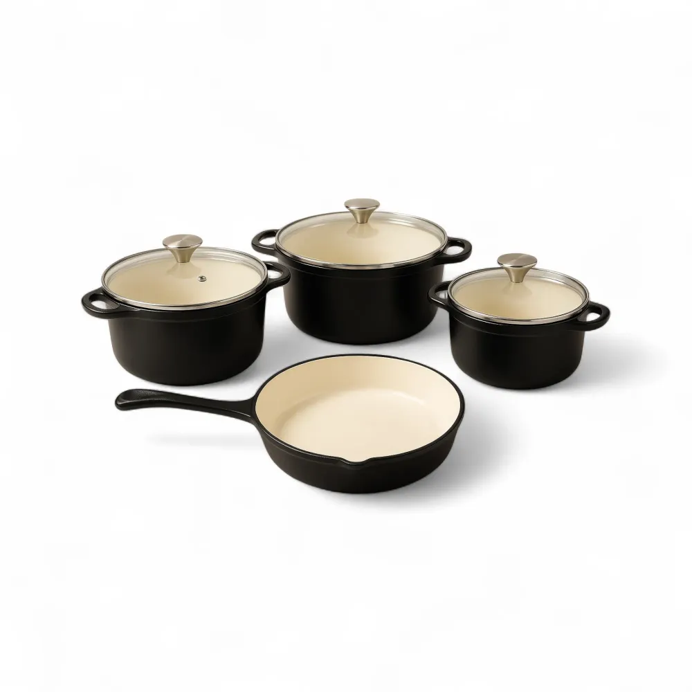 CH 7 Piece Cast Iron Pot Set Cristal Lids Matt Black