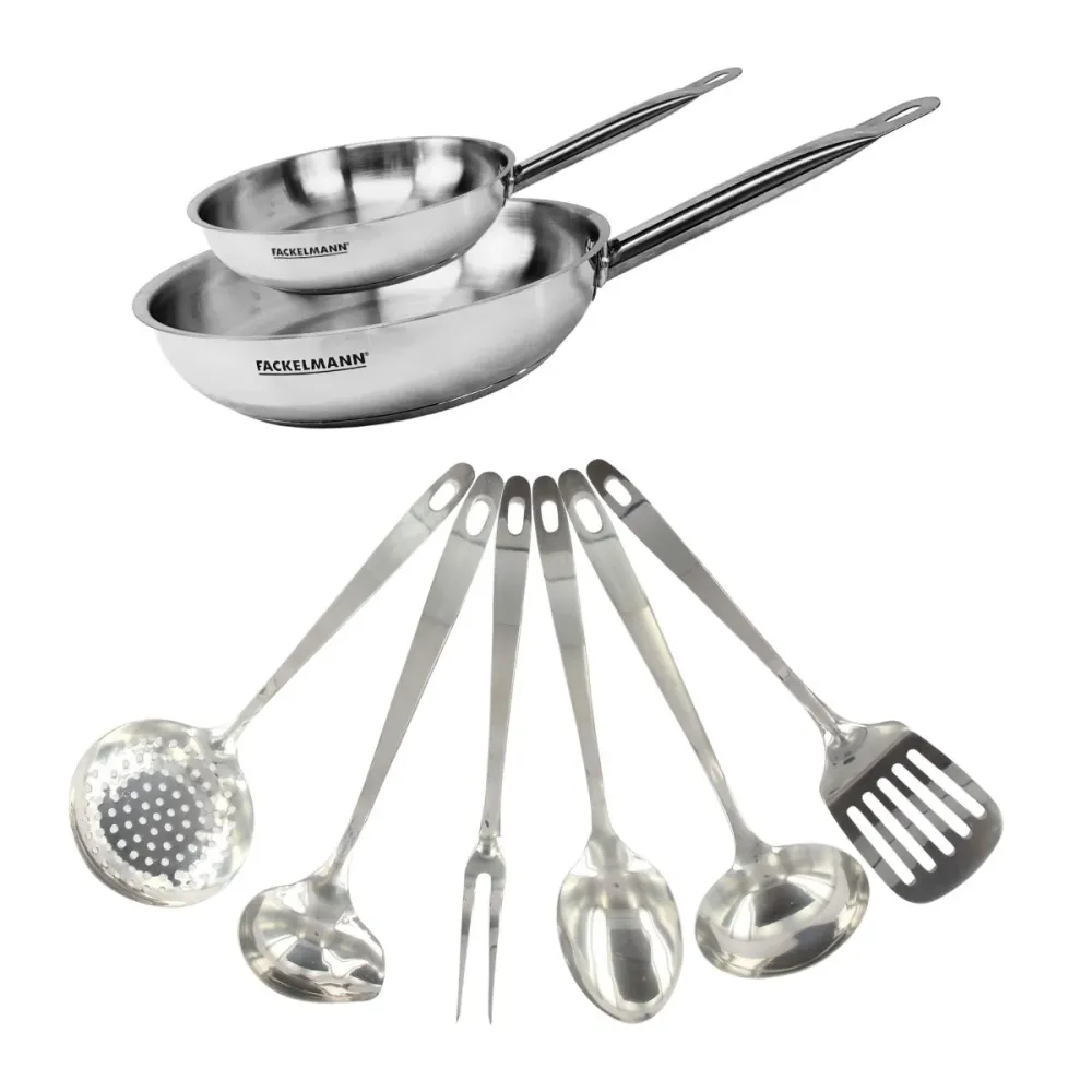 Casserole à Fond Épais Set de 2 poêles de 20 et 28 cm en inox et 6 ustensiles inox Fackelmann Eterna