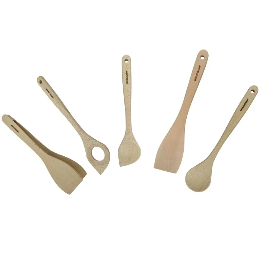 Ensemble de pince, spatule et cuillères en bois FSC Fackelmann Nature avec Diffusion de Chaleur Uniforme