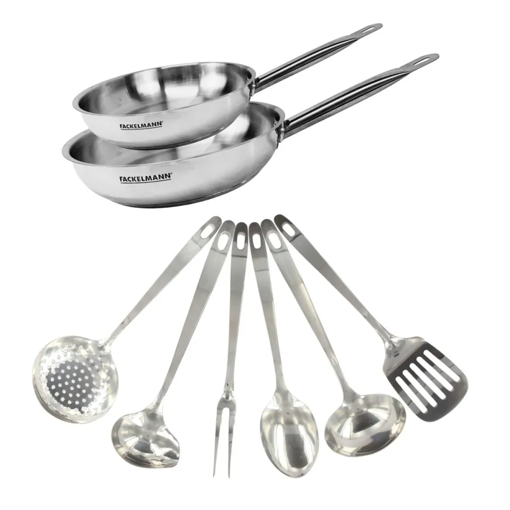Grille de Cuisson Set de 2 poêles de 24 et 28 cm en inox et 6 ustensiles inox Fackelmann Eterna