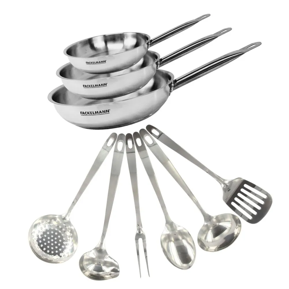 Grille de Cuisson Set de 3 poêles de 20, 24 et 28 cm en inox et 6 ustensiles inox Fackelmann Eterna