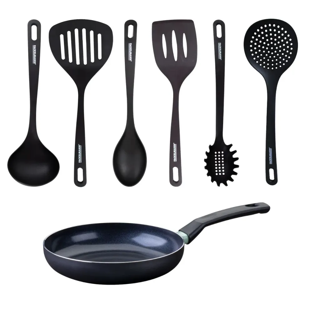 Set poêle antiadhésive céramique 24 cm et 6 ustensiles Fackelmann Brandao de Marque Française