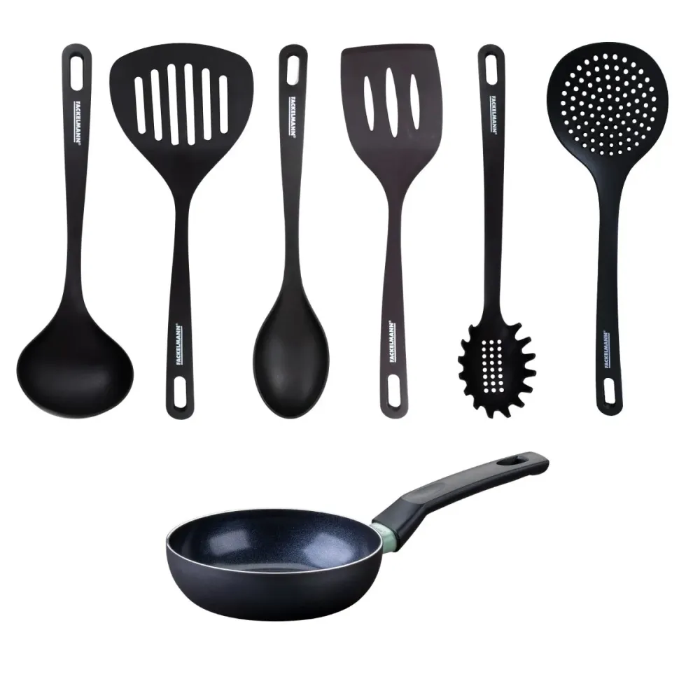 Set poêle antiadhésive céramique 16 cm et 6 ustensiles Fackelmann Brandao avec 3 Couvercles