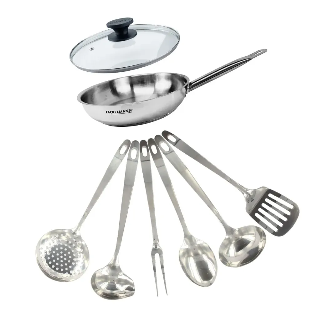 Set poêle 24 cm en inox, couvercle verre et 6 ustensiles inox Fackelmann Eterna avec Revêtement Céramique