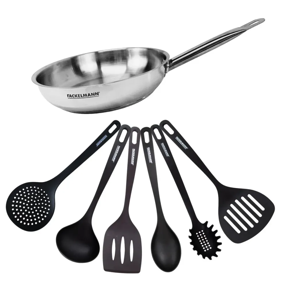 Set de 1 poêle 28 cm en inox et 6 ustensiles Fackelmann Eterna pour Cuisiniers Exigeants