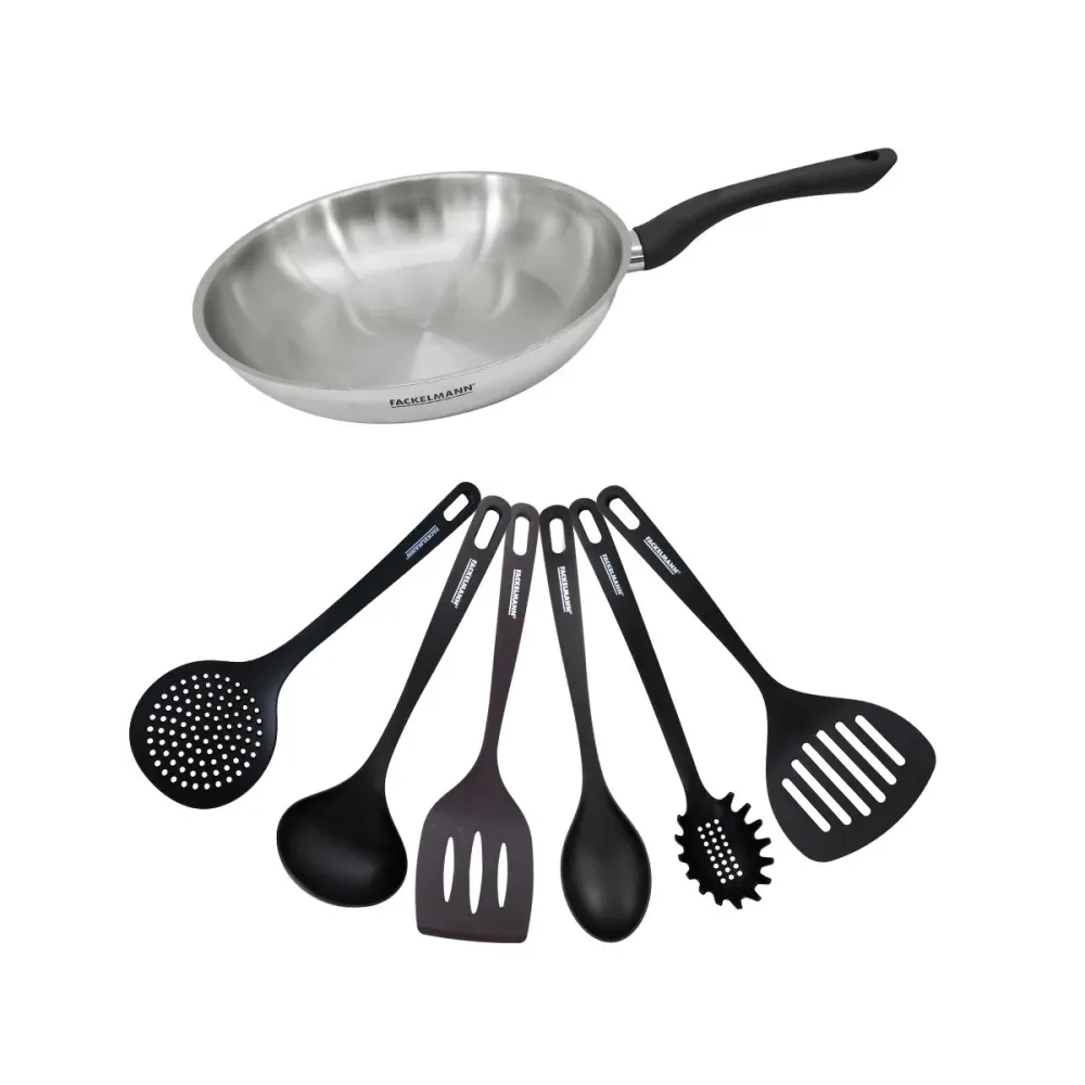Set poêle 28 cm en inox et 6 ustensiles Fackelmann Geneva de Marque Française