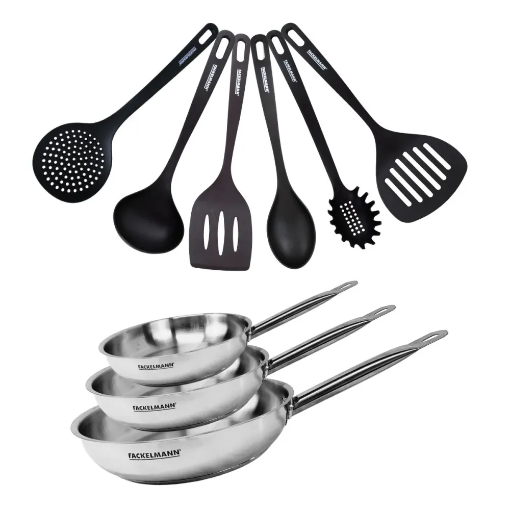 Set de 3 poêles 20 24 et 28 cm en inox et 6 ustensiles Fackelmann Eterna avec Garantie 25 Ans
