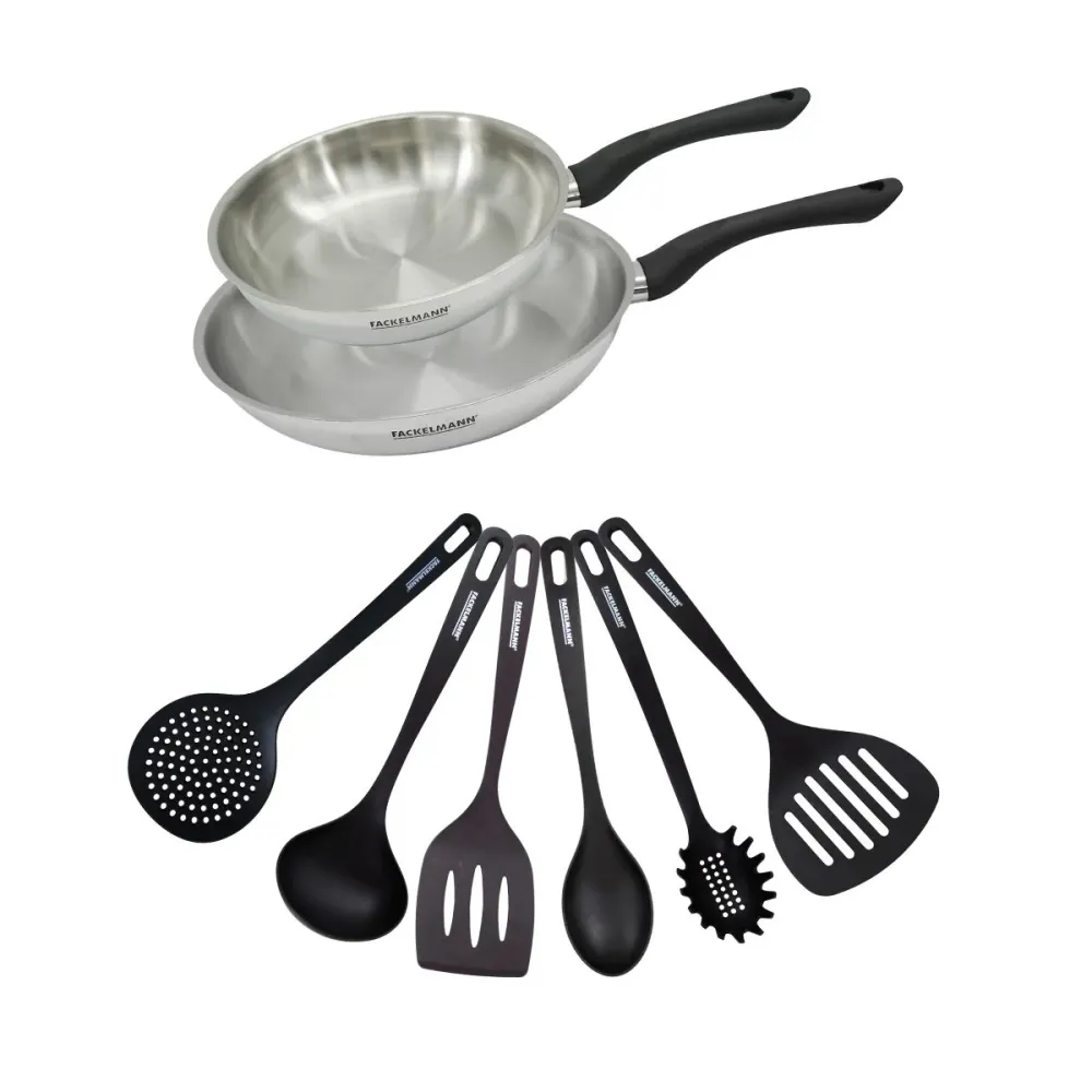 Set 2 poêles 24 et 28 cm en inox et 6 ustensiles Fackelmann Geneva pour Cuisson Lente