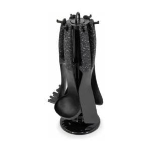 Set de 6 ustensiles de cuisine avec support rotatif - Manches effet marbre - Noir - H 36 cm avec Diffusion de Chaleur Unif...