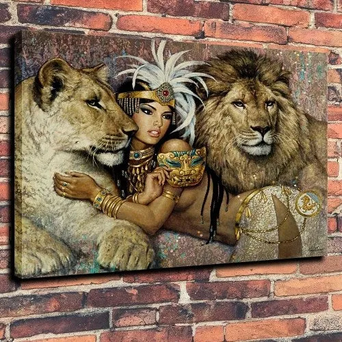 Toile fille indienne entre lionne et lion fine art france