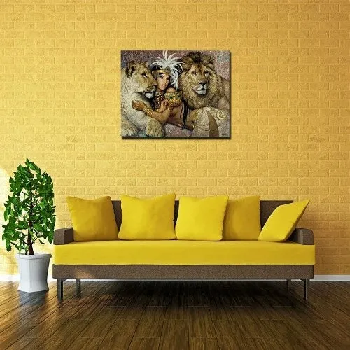 Toile fille indienne entre lionne et lion fine art france