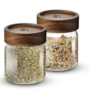 Bergner Acadia Borosilicate Glass Jars Solid Wood Lid, Set 2 Jars, 340ml Each, Storing and Preserving Sugar, Flour, Tea, C...