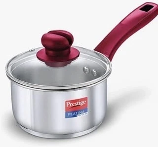 Prestige Platina Popular Stainless Steel Gas and Induction Compatible Sauce Pan Glass Lid, 140 mm Velan Store