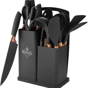 Chefinger Lot de 19 couverts de cuisine avec poignées en bois Noir avec accents de cuivre Bloc à couteaux et support pour...