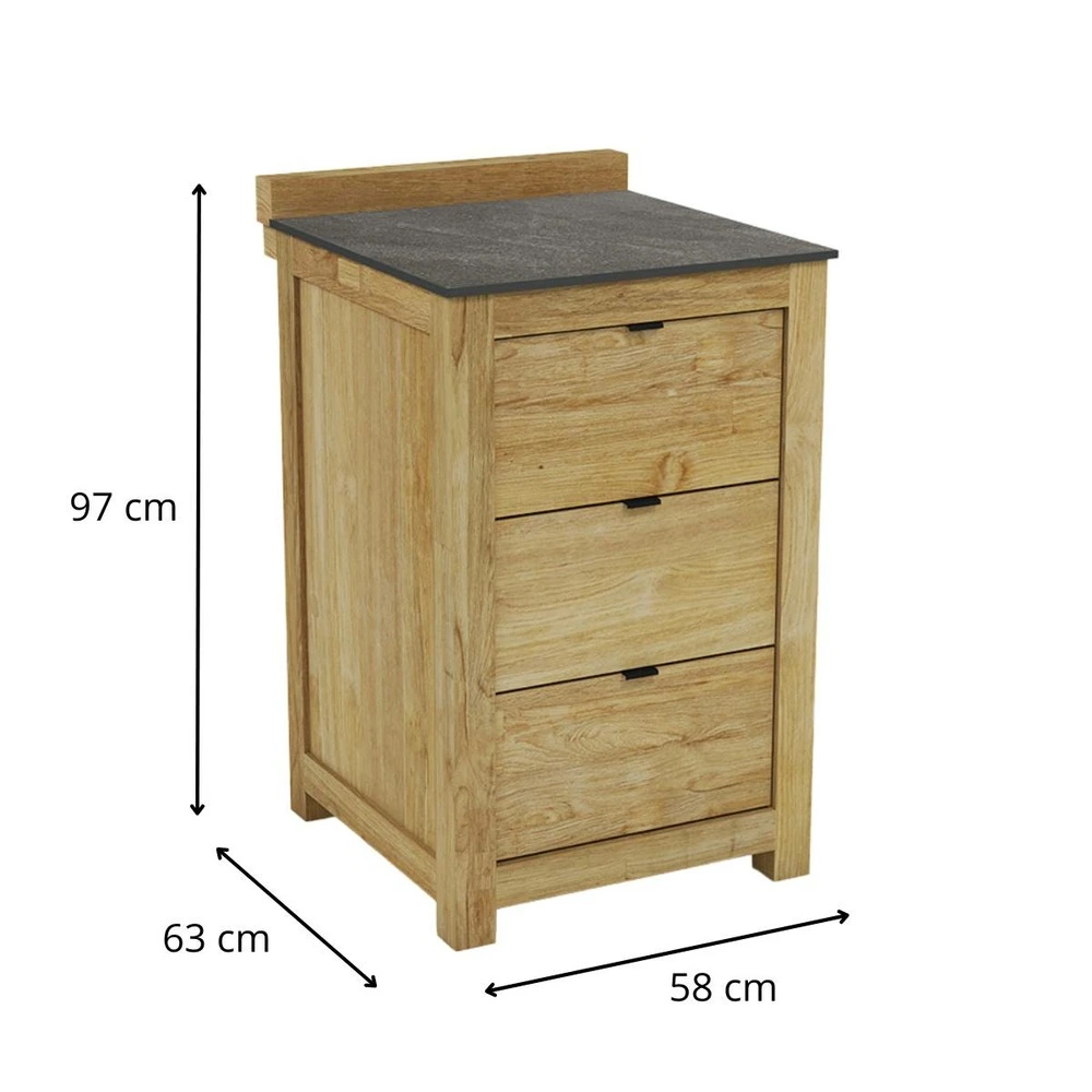Cuisine d'extérieur en teck recyclé Bali - Module 3 tiroirs - Plateau céramique - L58 cm - H97
