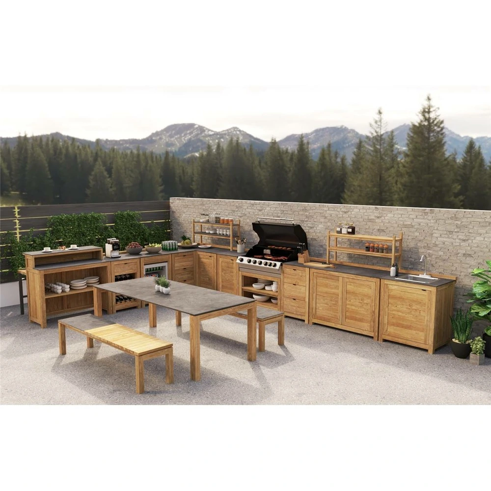 Cuisine d'extérieur en teck recyclé Bali - Module 3 tiroirs - Plateau céramique - L58 cm - H97