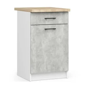 Meuble de cuisine bas AKORD S50 OLIWIA modulable Blanc 50 cm 1 porte 1 tiroir façade Béton 2 étagères 50x46x85 cm