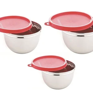 Signoraware Mixing Stainless Steel Bowl (500 Ml/1000 Ml/1350 Ml, Set 3, Red) Velan Store